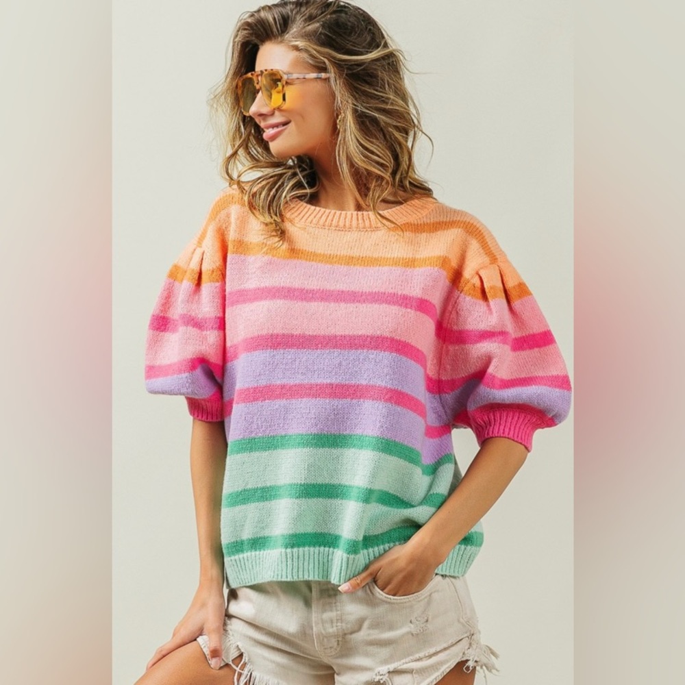ColorBlock Short Puff Sleeve Sweater